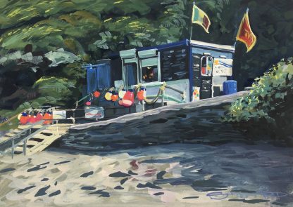 Barricane beach cafe, colourful gouache landscape painting by contemporary landscape painter Steve PP.