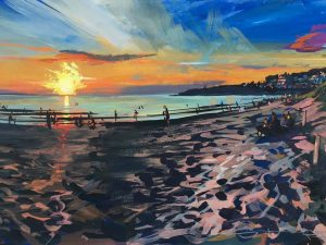 Woolacombe evening, a colourful gouache landscape painting by contemporary landscape painter Steve PP.