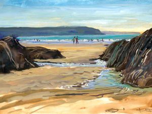 Hot Combesgate beach, colourful gouache landscape painting by contemporary landscape painter Steve PP.