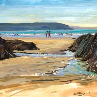 Hot Combesgate beach, colourful gouache landscape painting by contemporary landscape painter Steve PP.