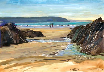 Hot Combesgate beach, colourful gouache landscape painting by contemporary landscape painter Steve PP.