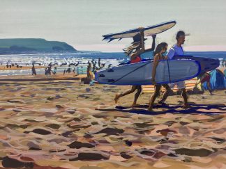 Hotfootin' woolacombe beach painting colourful gouache landscape painting by contemporary landscape painter Steve PP. Paintings of Woolacombe beach.
