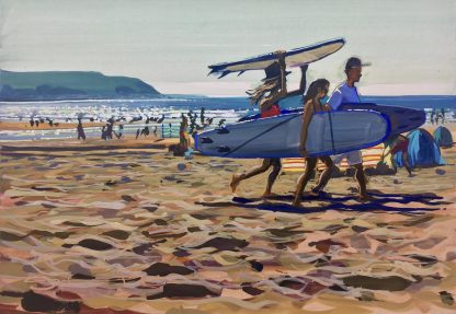Hotfootin' woolacombe beach painting colourful gouache landscape painting by contemporary landscape painter Steve PP. Paintings of Woolacombe beach.