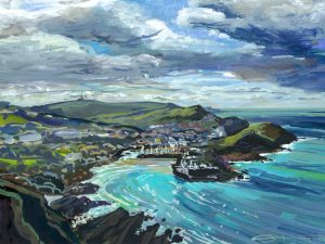 Ilfracombe harbour, North Devon, colourful gouache landscape painting by contemporary landscape painter Steve PP.