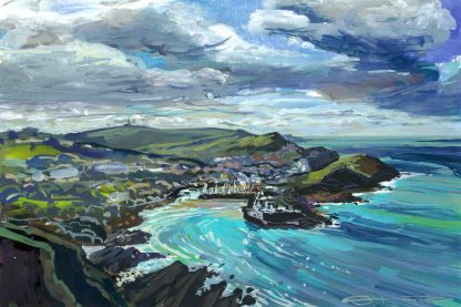 Ilfracombe harbour, North Devon, colourful gouache landscape painting by contemporary landscape painter Steve PP.