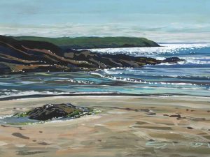 sunday sparkle, colourful gouache landscape painting by contemporary landscape painter Steve PP.