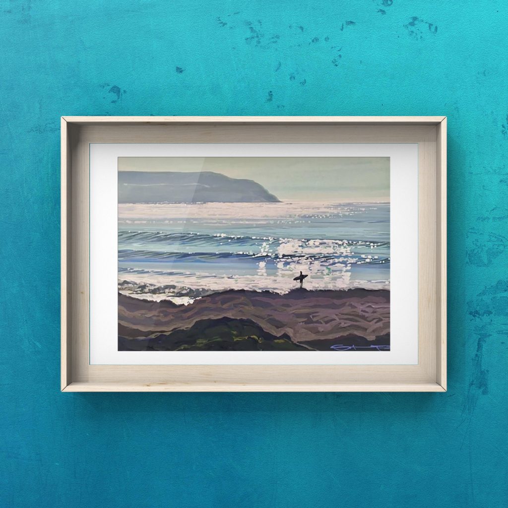 Waiting for the lull art print in a wooden frame on a blue wall