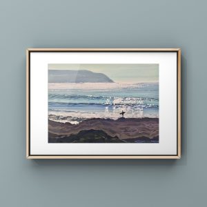 Waiting for the lull art print in wooden frame on a grey wall
