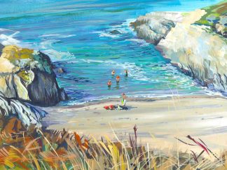 Painting of sea swimmers at Barricane Beach, Woolacombe. colourful gouache landscape painting by contemporary landscape painter Steve PP.