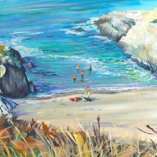 Painting of sea swimmers at Barricane Beach, Woolacombe. colourful gouache landscape painting by contemporary landscape painter Steve PP.