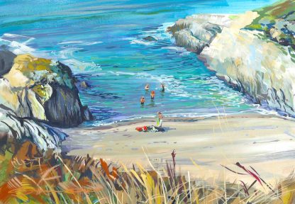 Painting of sea swimmers at Barricane Beach, Woolacombe. colourful gouache landscape painting by contemporary landscape painter Steve PP.