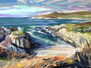Indian summer waether on Barricane beach, colourful gouache landscape painting by contemporary landscape painter Steve PP.
