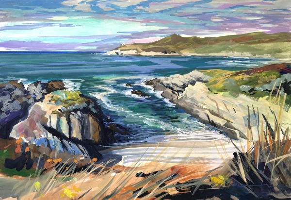 Indian summer waether on Barricane beach, colourful gouache landscape painting by contemporary landscape painter Steve PP.