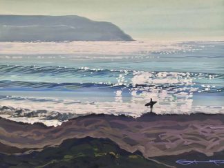 surfer watching the sunshine sparkle on the ocean waves at Woolacombe Beach in North Devon. Colourful gouache landscape painting by local Woolacombe artist