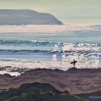 surfer watching the sunshine sparkle on the ocean waves at Woolacombe Beach in North Devon. Colourful gouache landscape painting by local Woolacombe artist