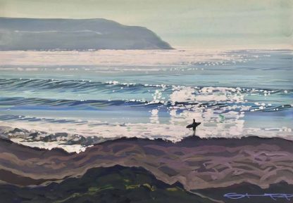 surfer watching the sunshine sparkle on the ocean waves at Woolacombe Beach in North Devon. Colourful gouache landscape painting by local Woolacombe artist