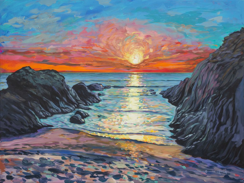 Barricane beach sunset- colourful original landscape painting by contemporary Devon landscape painter Steve PP- purchase original art direct from an artist studio
