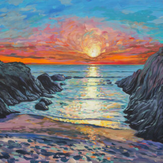 Barricane sundowner colourful landscape painting of Barricane Beach, Woolacombe by contemporary landscape painter Steve PP.