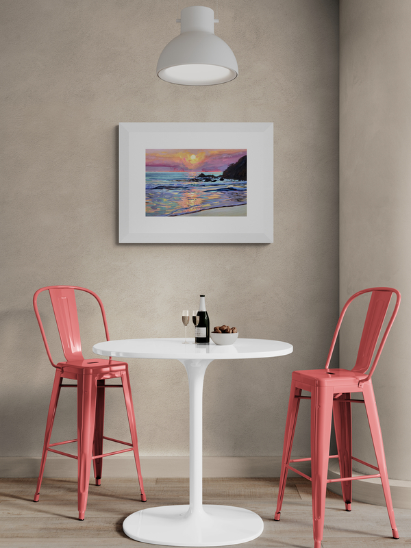 Summer tide painting hanging on a wall in a room with two pink chairs and a white table