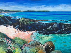 Barricane Beach colourful gouache landscape painting by contemporary landscape painter Steve PP.