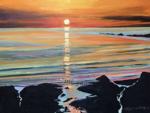summer sunset. A colourful gouache landscape painting by contemporary landscape painter Steve PP.