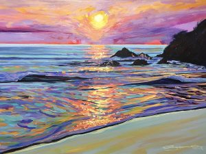 Summer evening tide- colourful gouache landscape painting by contemporary landscape painter Steve PP.