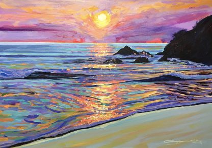 Summer evening tide- colourful gouache landscape painting by contemporary landscape painter Steve PP.