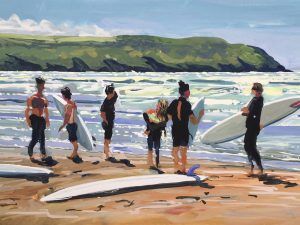 Surfer’s standing on Woolacombe beach sunbathing in the summer sun. Original Woolacombe painting by Woolacombe artist Steve PP.