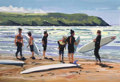 Surfer’s standing on Woolacombe beach sunbathing in the summer sun. Original Woolacombe painting by Woolacombe artist Steve PP.