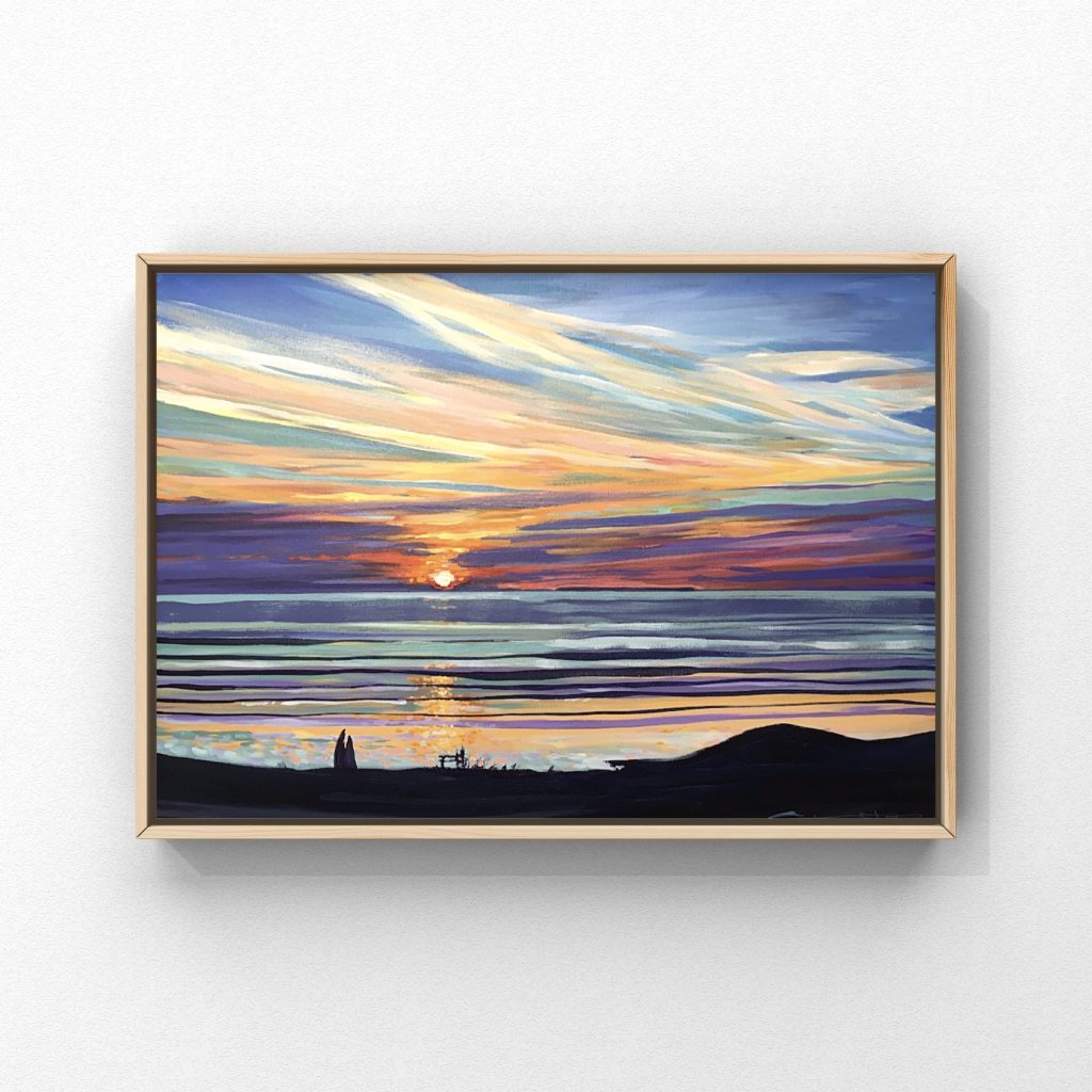 High Pressure Lundy sunset painting in a wooden frame on a white wall