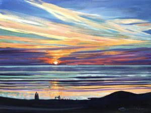 lundy sunset from woolacombe beach.colourful gouache landscape painting by contemporary landscape painter Steve PP.