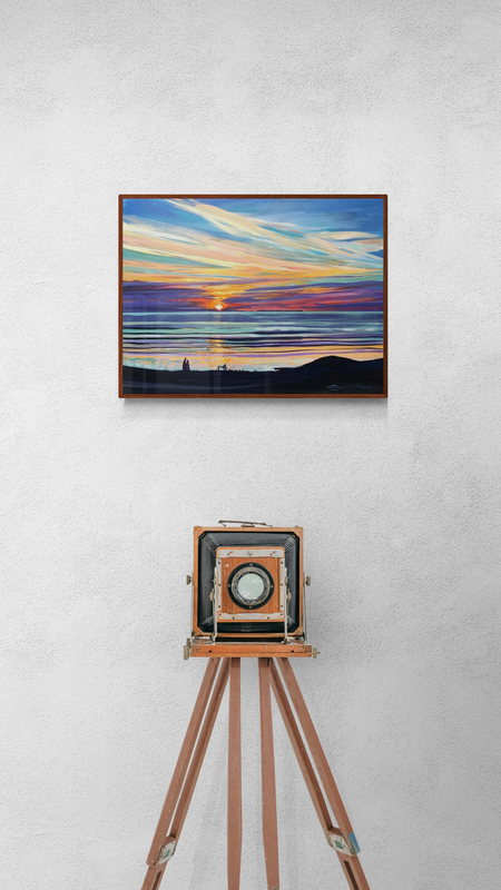 High Pressure Lundy painting hanging on a wall above a vintage camera on a tripod