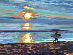 colourful sunset beach painting with two surfers walking home
