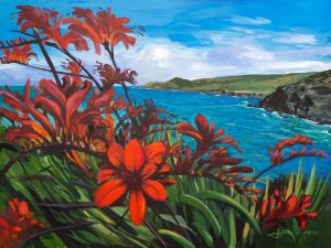 crocosmia lucifer red flowers painting by woolacombe landscape painter Steve PP