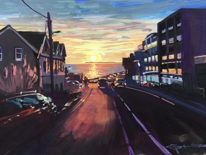 Beach Road Woolacombe at sunset, gouache landscape painting by Woolacombe artist Steve PP.