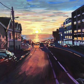Beach Road Woolacombe at sunset, gouache landscape painting by Woolacombe artist Steve PP.