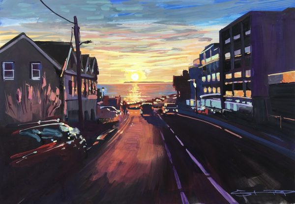 Beach Road Woolacombe at sunset, gouache landscape painting by Woolacombe artist Steve PP.