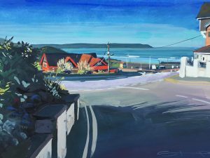 Painting of The Red Barn family surf themed pub in Woolacombe Devon UK.