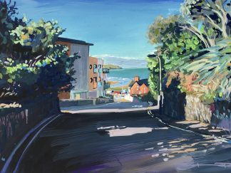 walking down a sun dappled road to Woolacombe beach . Landscape painting by Steve PP