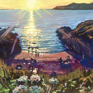 solstice swimmers Barricane beach painting by Woolacombe artist Steve PP.