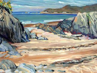 Painting of sandy Barricane Beach with rocks on either side leading down to a blue sea with waves breaking on the shoreline and Morte point in the distance