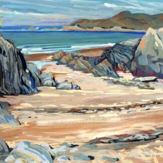 Painting of sandy Barricane Beach with rocks on either side leading down to a blue sea with waves breaking on the shoreline and Morte point in the distance