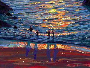 summer bathers Barricane beach Woolacombe gouache painting by Devon artist Steve PP.