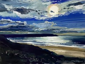 august blues Woolacombe Beach gouache painting by Devon artist Steve PP.