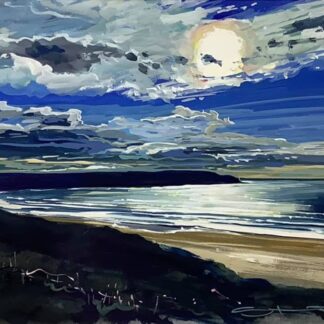 august blues Woolacombe Beach gouache painting by Devon artist Steve PP.