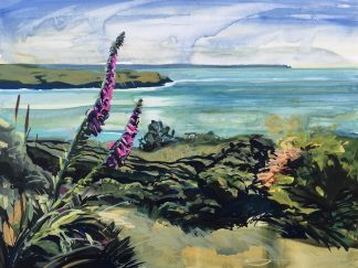 foxgloves on top of Morte Point overlooking Baggy and hartland points Gouache painting by Woolacombe artist Steve PP
