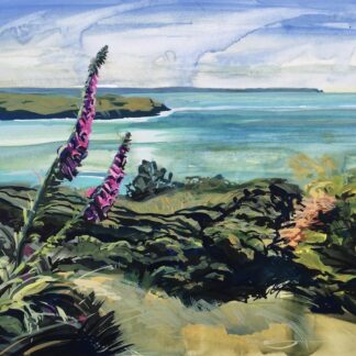 foxgloves on top of Morte Point overlooking Baggy and hartland points Gouache painting by Woolacombe artist Steve PP
