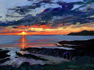 sunset over morte point colourful beach gouache painting by woolacombe artist Steve PP
