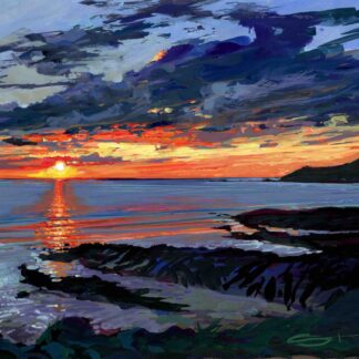sunset over morte point colourful beach gouache painting by woolacombe artist Steve PP