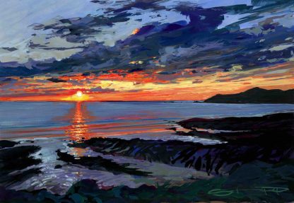 sunset over morte point colourful beach gouache painting by woolacombe artist Steve PP